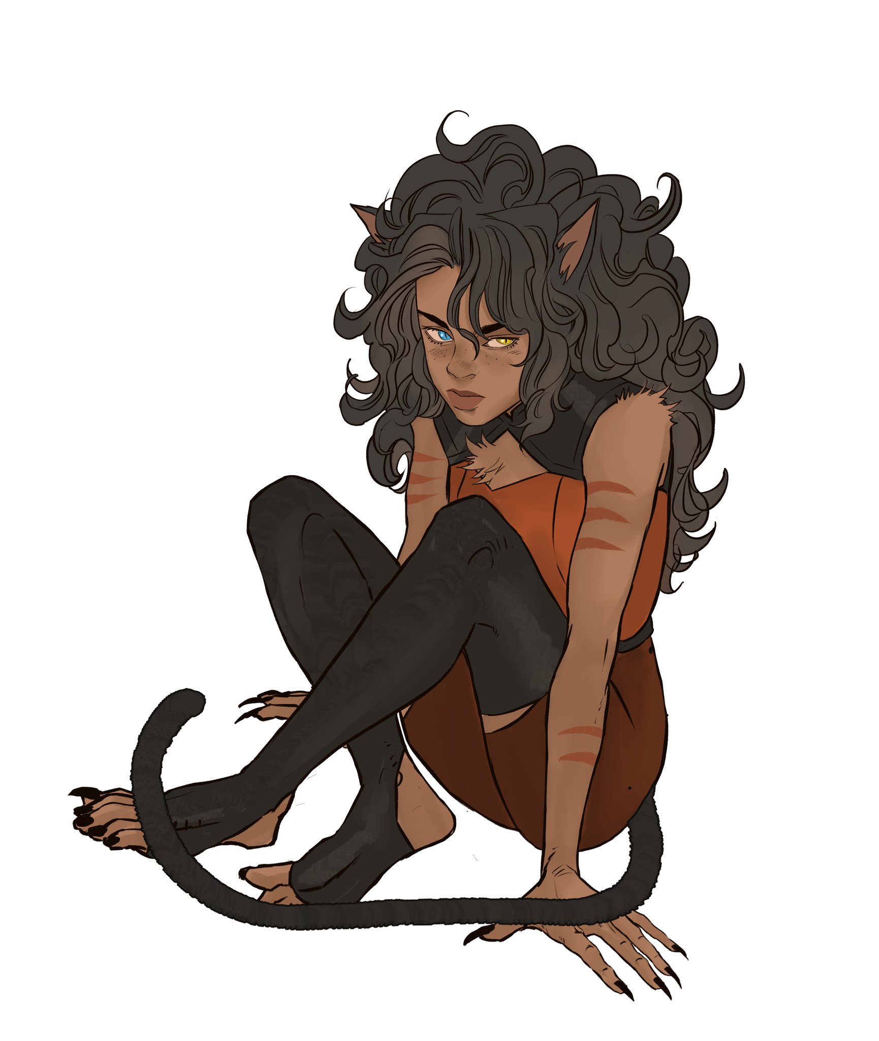 the image features a cartoon depiction of catra from shera, a female character with feline features. she has curly dark hair and heterochromia, with one blue eye and one yellow eye. she is wearing an orange outfit with a black vest and black leggings that cover her feet. catra has cat ears and a long black tail, and her hands have long, sharp claws. she is sitting on the ground in a crouched position, looking intently at the viewer. the background is plain white.