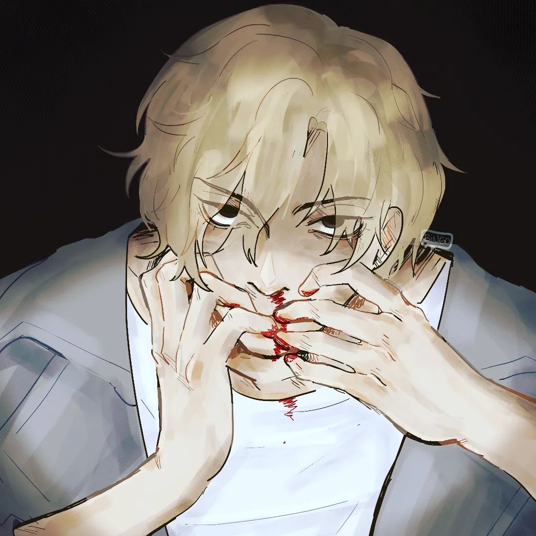 an anime style illustration of a young blond haired man, with blood on his nose and fingers as he holds his hands over his mouth. he appears to be in pain and distress, and the dark shadows around him add to the feeling of fear and sadness.