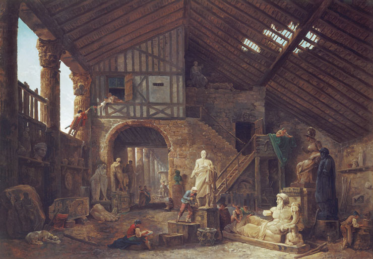 the image is a painting depicting a large atelier or studio filled with romanstyle classical statues and architectural ruins. the interior of the building is large, with a timber roof and open sections allowing light to enter. various people are present, some working on statues, others sketching or observing. there are numerous sculptures, including figures, busts, and architectural fragments scattered throughout the scene. the architecture is a mix of roman and more rustic styles, with stone walls, arches, and columns. a dog is lying in the foreground. the overall atmosphere suggests a place of artistic creation and historical reverence.