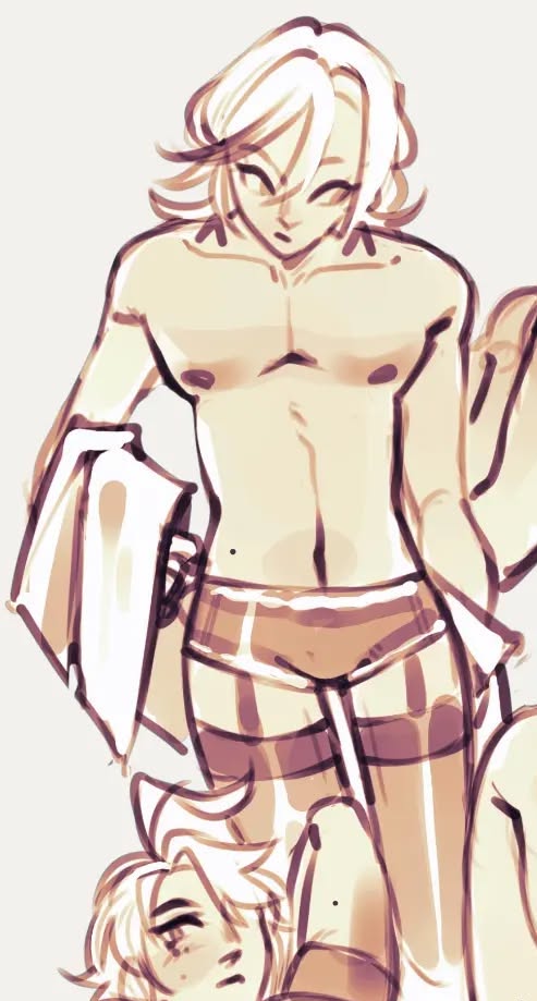 the image is a digital drawing or painting in a soft, sketchy anime style. it depicts two young men, the main focus being on a shirtless, muscular man with long, light blond/white hair. he is wearing only striped, lightcolored underwear or swimwear.  he appears to be holding a lightcolored cloth or towel. behind or partially obscured by him is another young man with similar hair, appearing to rest or lean on the first. the style is suggestive of a close, possibly intimate, relationship between the two characters. the overall color scheme is soft and warm, with light pinks and beiges dominating the palette.  the lines are loose and expressive, creating a casual and slightly dreamy mood.