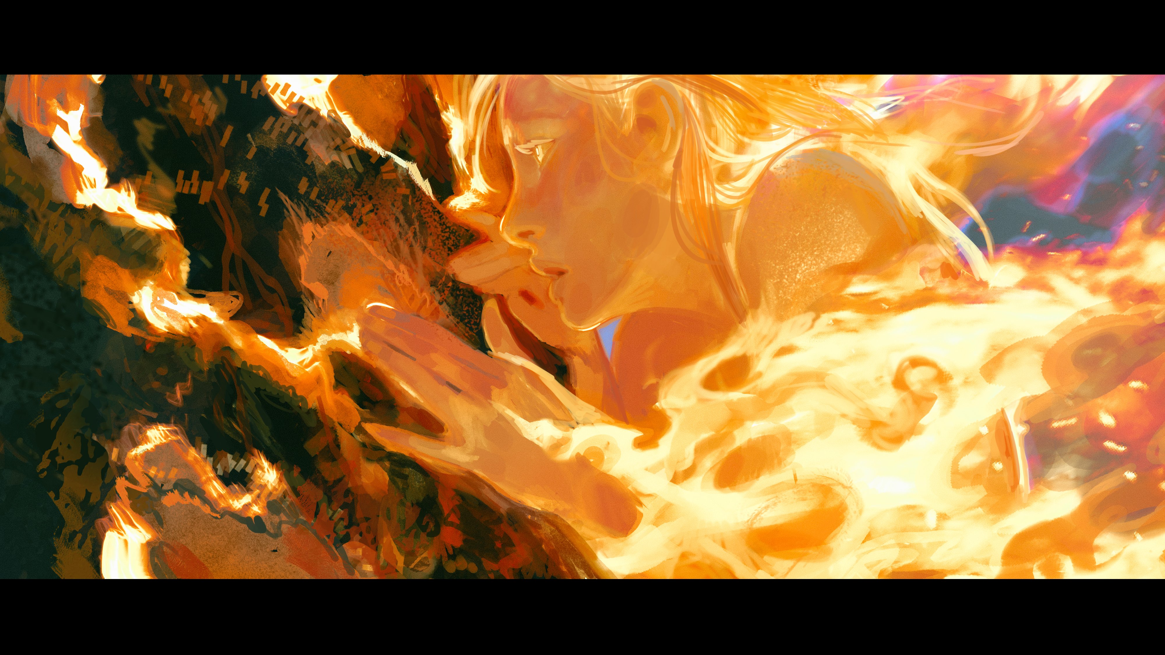 the painting showcases a woman engulfed in a raging inferno. her face, illuminated by the intense heat, holds an expression of awe and fear, while her outstretched hand seems to be reaching out to the flames. the background is a chaotic swirl of orange and yellow hues, depicting the untamed fury of the fire.