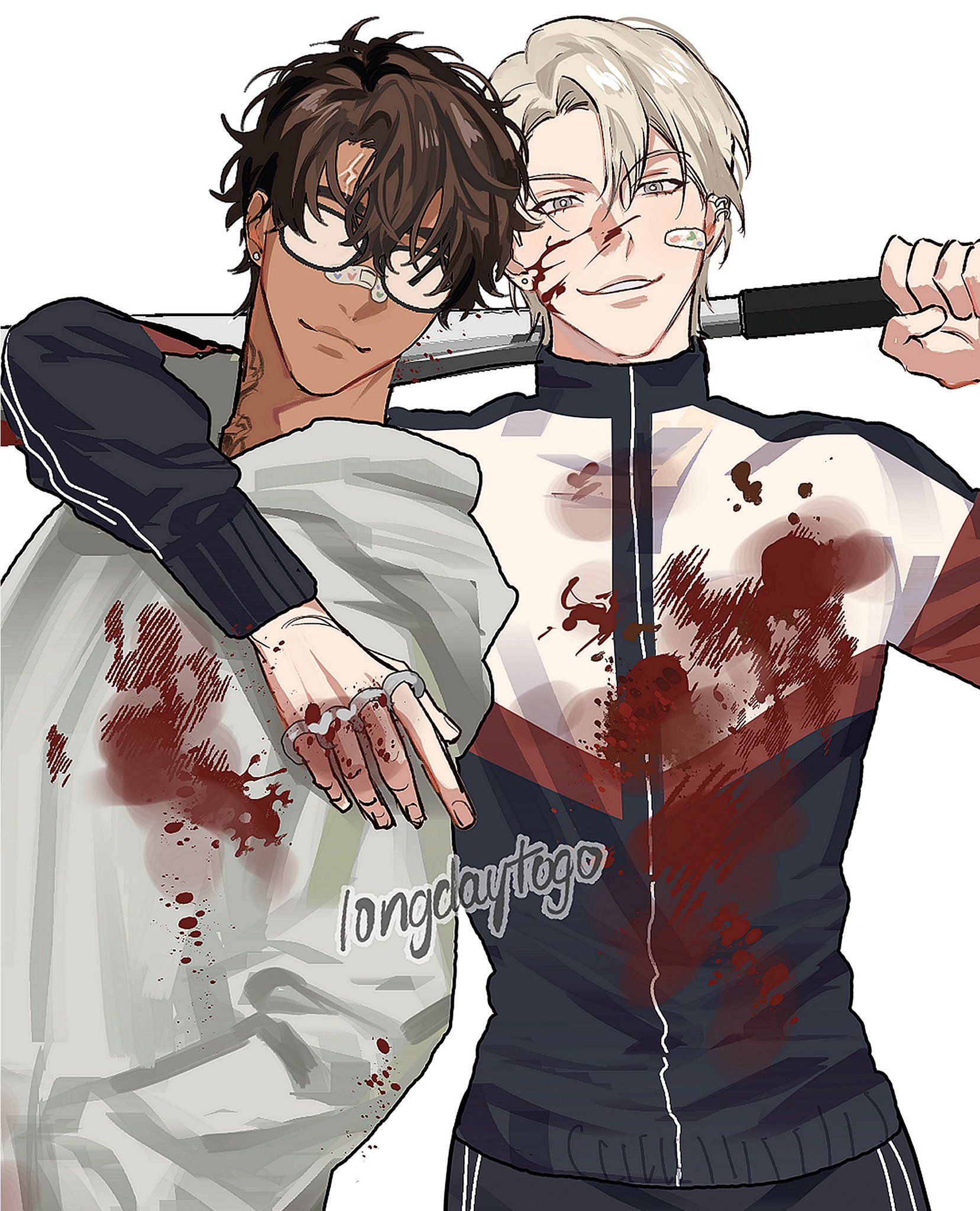 he image is a digital drawing or painting in an anime style. it depicts two young men, one with brown hair and glasses and the other with blond hair, covered in blood and embracing. they are holding a baseball bat, suggesting a violent confrontation or fight.  the art style is dark and edgy, with a focus on detail in the characters' clothing, expressions, and injuries.  the overall mood is intense and suggestive of a complex relationship.