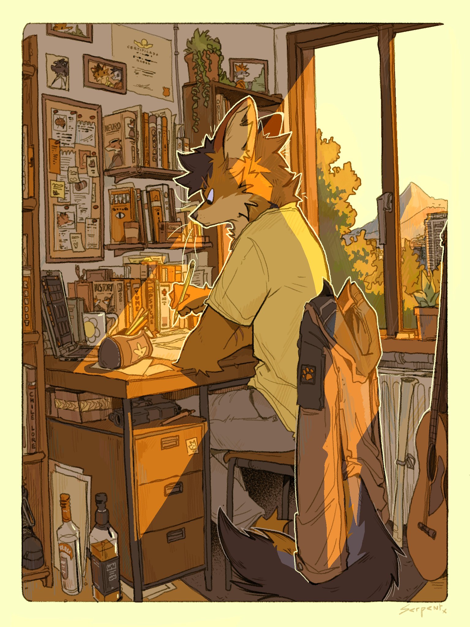 the image portrays a furry character, a fox, diligently working at their desk. the scene is bathed in the warm, golden light of the late afternoon sun streaming through a window.  the room is filled with personal touches, including books, artwork, and a guitar, indicating the fox's artistic interests. the overall atmosphere is peaceful and cozy, emphasizing a sense of focus and creativity.