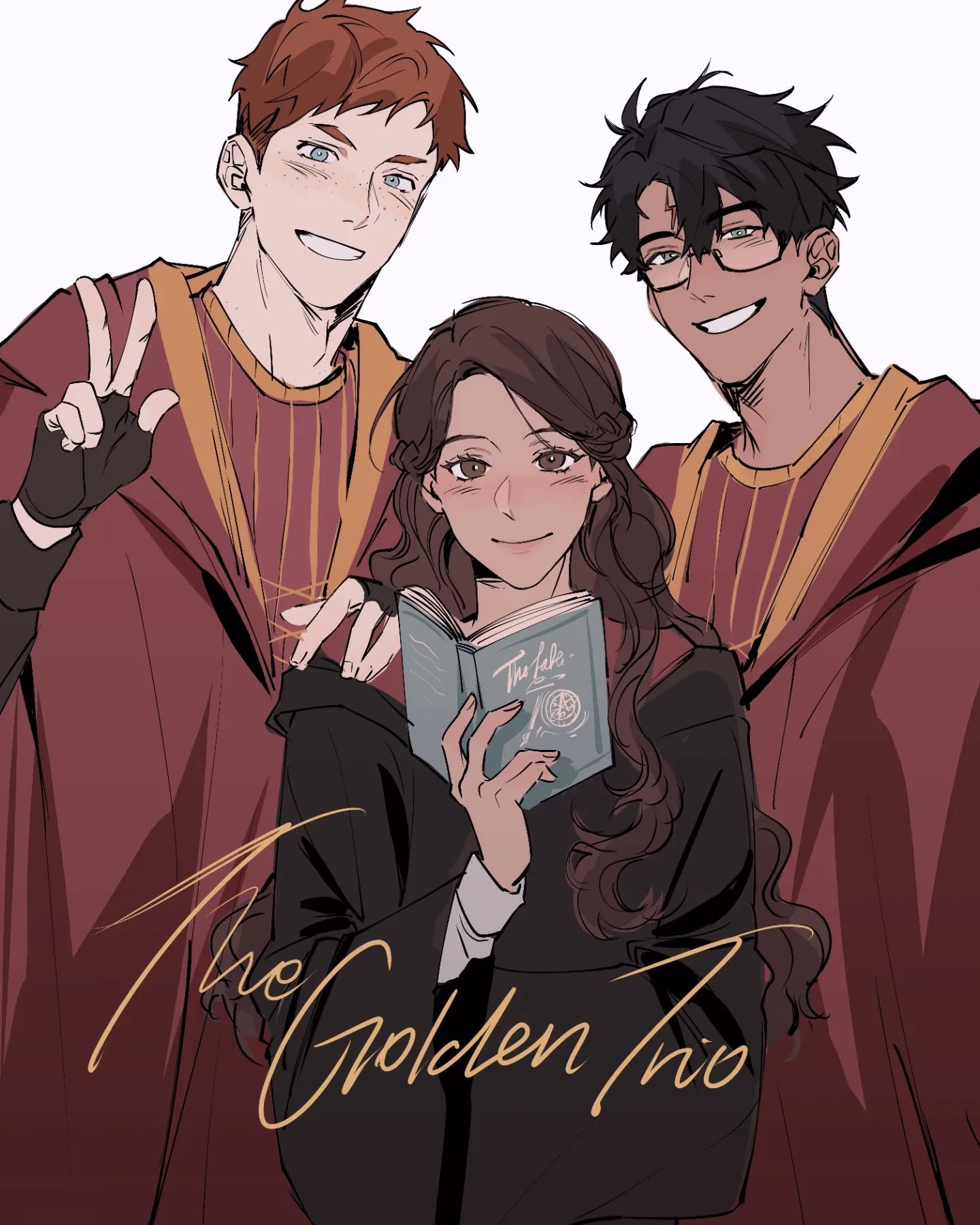 the image is a piece of fanart in an anime/manga style depicting an original character "golden trio" inspired by harry potter.  three characters,  two males and one female, are dressed in gryffindor robes. the female character in the center is holding a book that appears to be a copy of "the tales of beedle the bard."  the characters look friendly and are posed closely together, suggesting a close bond. the art style is clean and features soft shading and coloring. the background is plain white, focusing attention on the characters. text on the image reads "the golden trio."