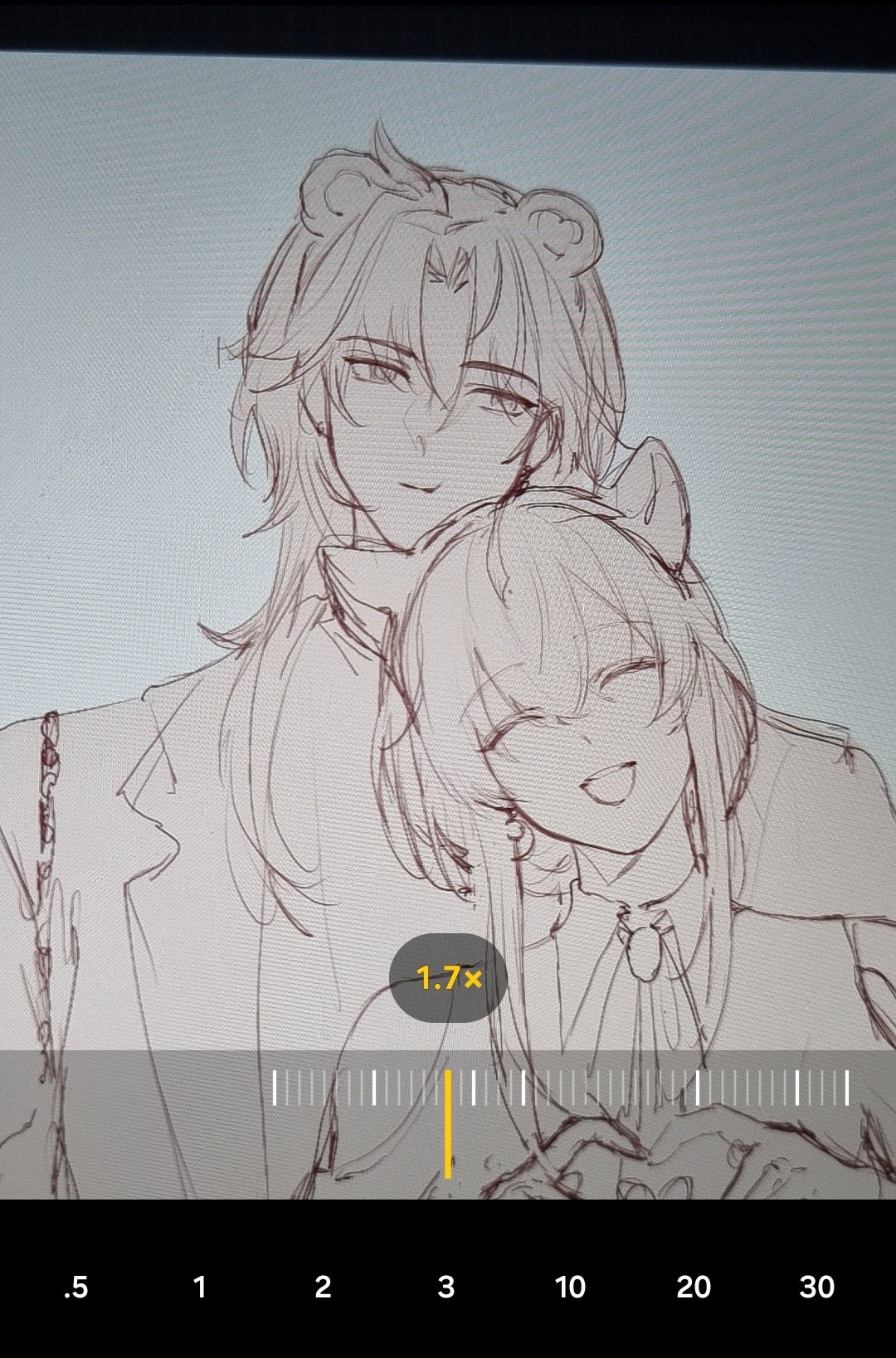 a black and white sketch of an anime couple. the male character is tall and has long, flowing hair. he is wearing a suit and is hugging the female character. she is shorter than him and has shorter hair. they are both smiling and seem happy together. the art style is very detailed, with intricate linework and shading.