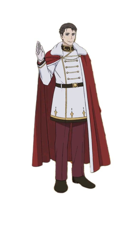 an anime style illustration of a man in a white coat and red cape, standing in a pose. he is wearing a royal suit and cape.