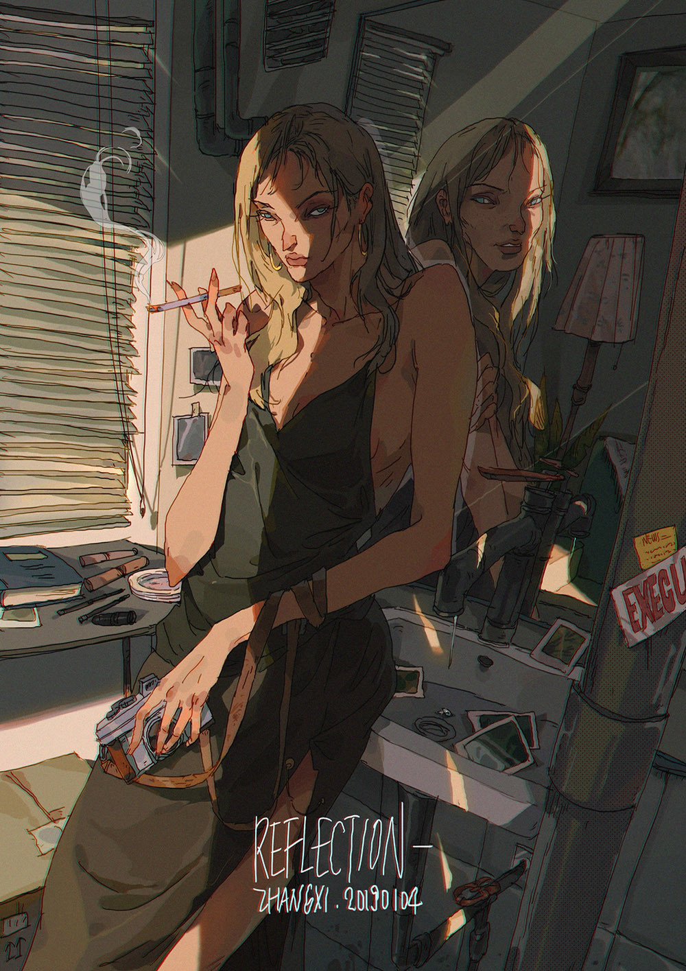 this is an image of a woman standing in a bathroom. the room is dark and grunge, with a window in the background with blinds. the woman is smoking a cigarette and holding a camera. she is wearing a black tank top and has blonde hair. behind her is another woman with blonde hair. the image is drawn in a cartoon style, with heavy outlines and shadows.  the words "reflection" and "zhangxi.2019.10.2" are written at the bottom of the image.