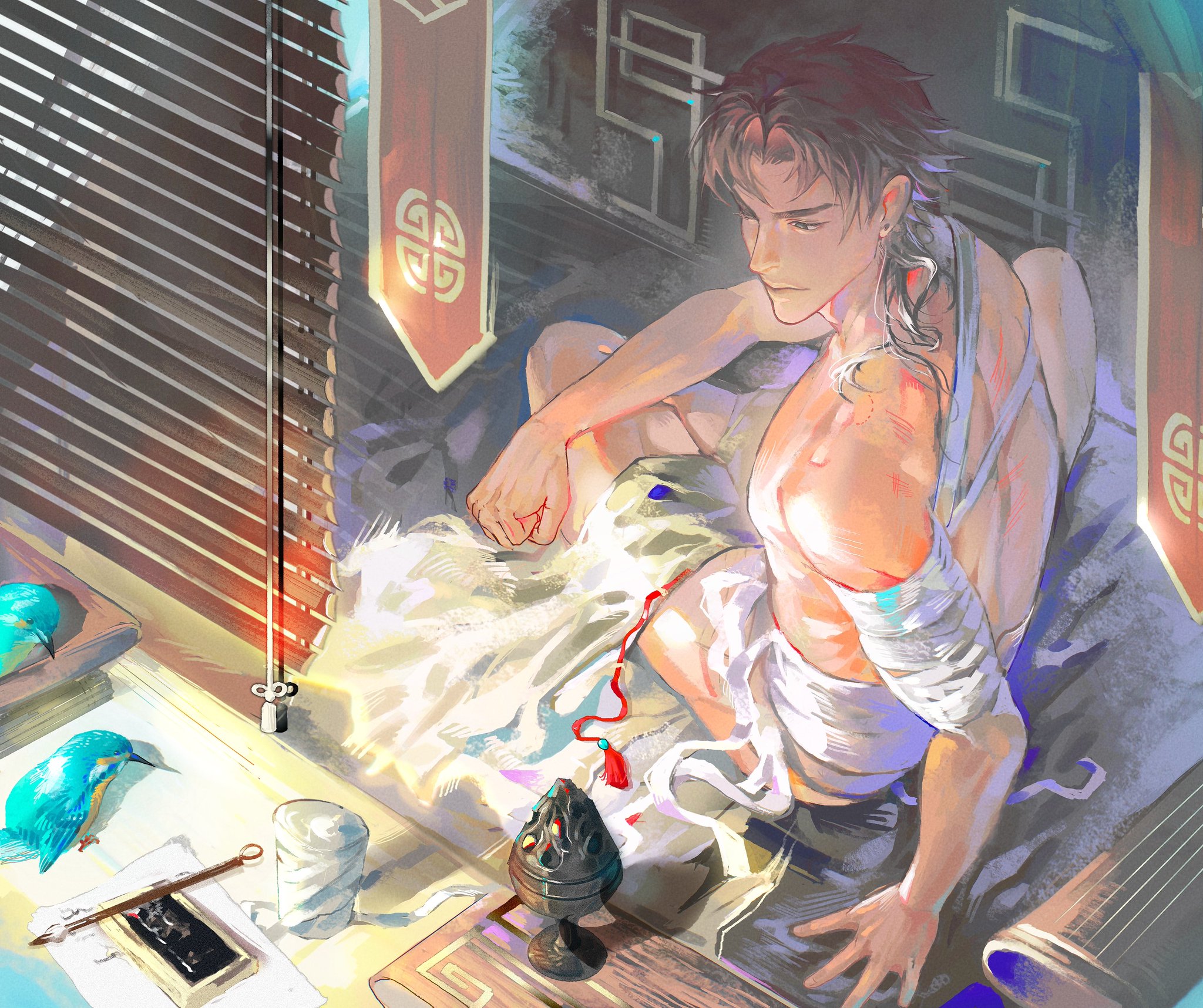 this is a digital art piece, showing a man with bandages wrapped around his shoulder, sitting on a bed. he appears to be in a state of healing and is wearing a white cloth. the room is lit by the window, with blinds covering the window.  the room is in a japanese/chinese style, with a red design hanging on the wall.  the artwork is very colorful and includes many small details. the overall effect is one of peace and serenity.
