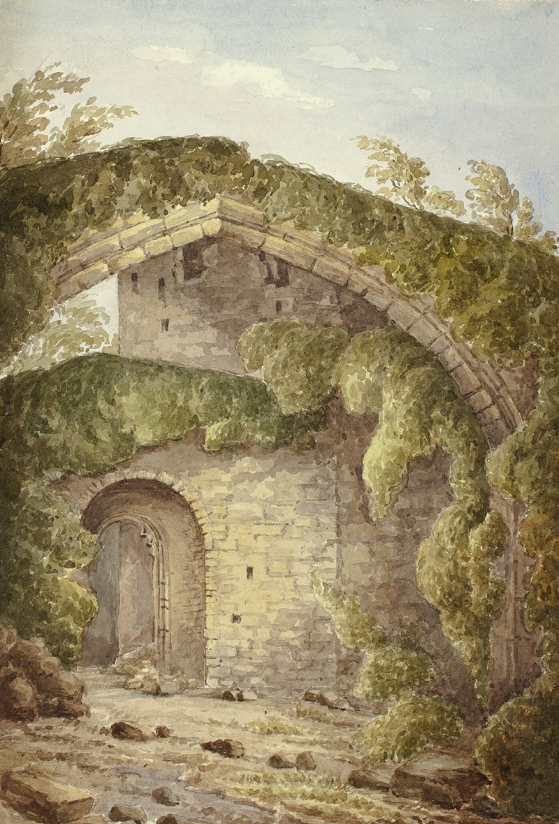 this is a watercolor painting depicting a stone building with an archway overgrown with ivy and surrounded by trees. the building appears to be a ruin or an old structure. there is a door visible through the archway. the overall atmosphere is one of age, decay, and nature reclaiming the built environment.