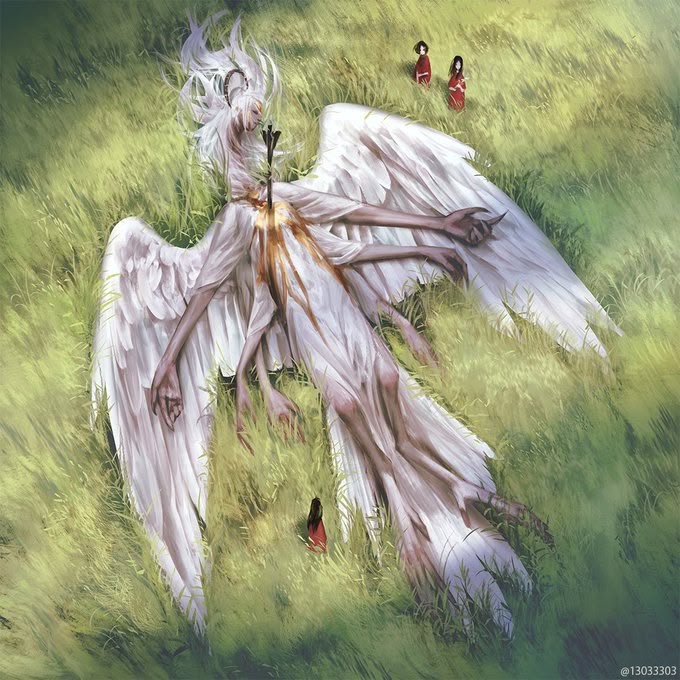 a fallen angel lies in a grassy field, pierced by an arrow. the angel has white wings, pale skin, and multiple arms. two women in red dresses stand in the distance, observing the scene.