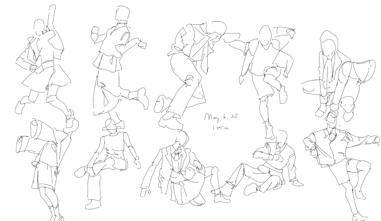 the image shows a minimalist sketch of various figures in different poses. there are both men and women depicted standing, sitting, jumping, and in other dynamic positions. the artwork is done in black and white with simple outlines, emphasizing form and gesture over detail. the sketches are grouped together, suggesting a study of human form and movement. a small note indicating the date "may 6, 25" and time "1 min" is visible.