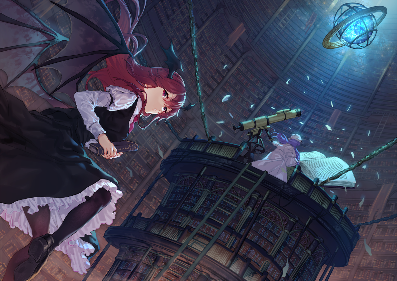the image is a vibrant animestyle illustration depicting a young woman with dark, leathery wings resembling a devil or demon. she has long, flowing red hair and is dressed in a dark lolitastyle dress. she appears to be in a massive, circular library with bookshelves towering around her.  a second figure, wearing a purple and white robe, is operating a telescope on a platform above the library floor, studying a large open book.  falling petals or papers are scattered throughout the library, adding to the ethereal atmosphere.  a celestial sphere glows faintly in the upper right corner of the image, contributing to a mystical and enchanting ambiance. the overall style is dark, fantasythemed and incorporates gothic and elegant elements.