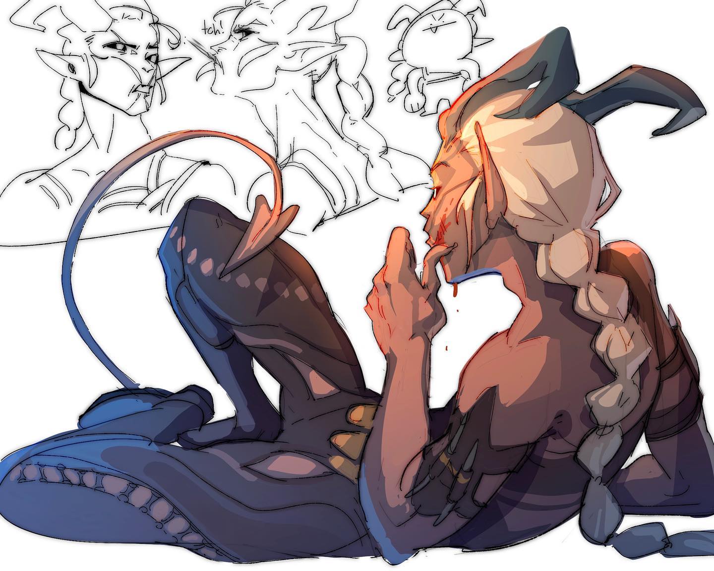 he image is a digital drawing or painting of a fantasy creature, possibly a demon or devil. the creature has horns, a tail, and humanoid features. it is lying down, and appears to be injured, with blood on its face and fingers. the art style is dynamic and expressive, with loose lines and visible brushstrokes.  in the background, there are several smaller sketches of similar creatures, suggesting character studies or explorations of different designs. the overall color palette is warm and rich, with highlights emphasizing the form and texture of the creature's body.