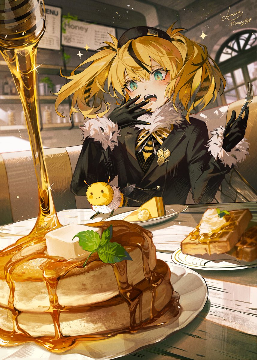 the image is a digital painting or illustration featuring an animestyle blonde girl with pigtails, dressed in a dark, stylish outfit with a fluffy white collar and gloves. she's seated at a cafe table, seemingly delighted by the abundance of honeydrenched pancakes and waffles in front of her.  a stream of honey pours from a honey dispenser onto her pancakes, adding to the overall sweetness of the scene. a small, cute bumblebee sits nearby. the background suggests a cozy café setting with a visible menu board. the overall style is vibrant and detailed, with a focus on creating a warm and inviting atmosphere around the character and her food. the artwork showcases excellent use of color, light, and shadow to create a realistic yet whimsical setting.