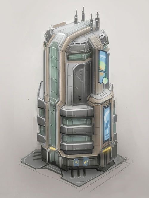the image is a concept art illustration of a futuristic skyscraper. it features a tall, cylindrical structure with multiple levels and large windows. the building incorporates metallic elements, rounded edges, and subtle lighting details. the overall aesthetic suggests a blend of modern and futuristic design elements.