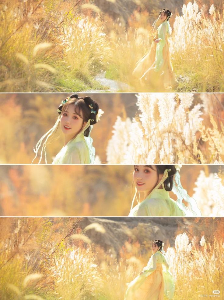 the image is a fourpanel collage showcasing a young woman in various poses wearing a beautiful light green and yellow hanfu, a traditional chinese dress.  the setting is an outdoor autumnal scene with tall pampas grass swaying in the sunlight. the woman's poses are elegant and graceful, highlighting the flowing fabric of the hanfu. the overall aesthetic is serene and romantic, with soft, warm lighting creating a dreamy atmosphere. the collage features slightly different angles and poses of the model in the same beautiful natural setting.