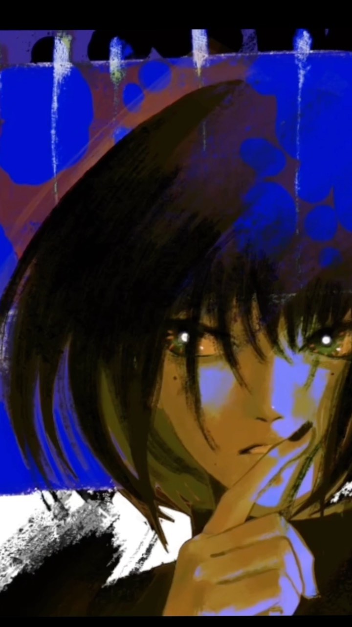 the image is a stylized digital painting or illustration resembling anime or manga art.  it depicts a young woman with dark, shoulderlength bobbed hair, partially obscuring her face. her eyes are large and expressive, conveying a sense of mystery or secrecy. her hand is raised to her lips, as if shushing or indicating silence. the art style is abstract and incorporates bold colors, primarily blues and purples, with contrasting dark and light areas. the background is a blend of abstract shapes and textures. the overall mood is dark, mysterious, and somewhat evocative of cyberpunk or vaporwave aesthetics.