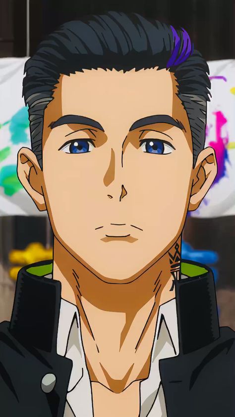 this is a closeup portrait of an anime man with black hair and blue eyes. he has a cool and stylish appearance, with a tattoo on his neck. he is wearing a black and white shirt. the background is blurred, making the man the focus of the image.
