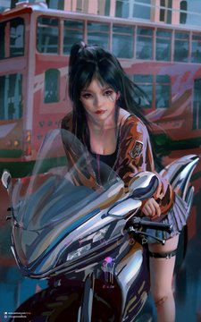 an anime style illustration of a young woman with long black hair, clad in a brown leather jacket and a black skirt, sitting atop a futuristic motorcycle.  she's posed against a backdrop of a blurry cityscape, likely hong kong, with a distinctive red doubledecker bus.  the overall color palette is cool and muted, creating a cyberpunk atmosphere.