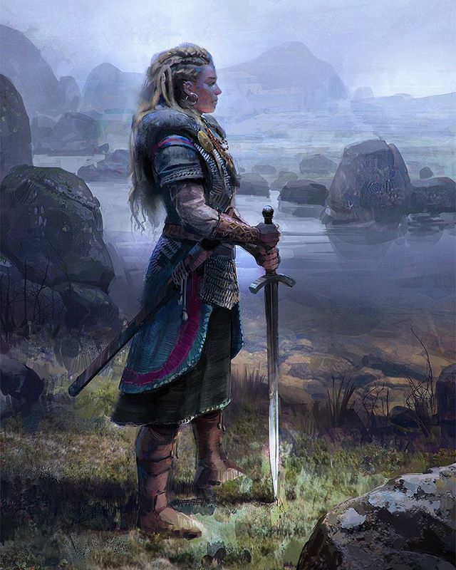an image of a female warrior, likely a viking, standing on a rocky shore with a sword in hand. she is wearing armor, including chainmail and leather boots, and has braids in her hair. the landscape includes water, rocks, and mountains in the background, with a foggy or misty atmosphere. she has a fur trimmed garment and is accessorized with a necklace and earrings. she is standing with the sword pointing down, in side profile facing right.