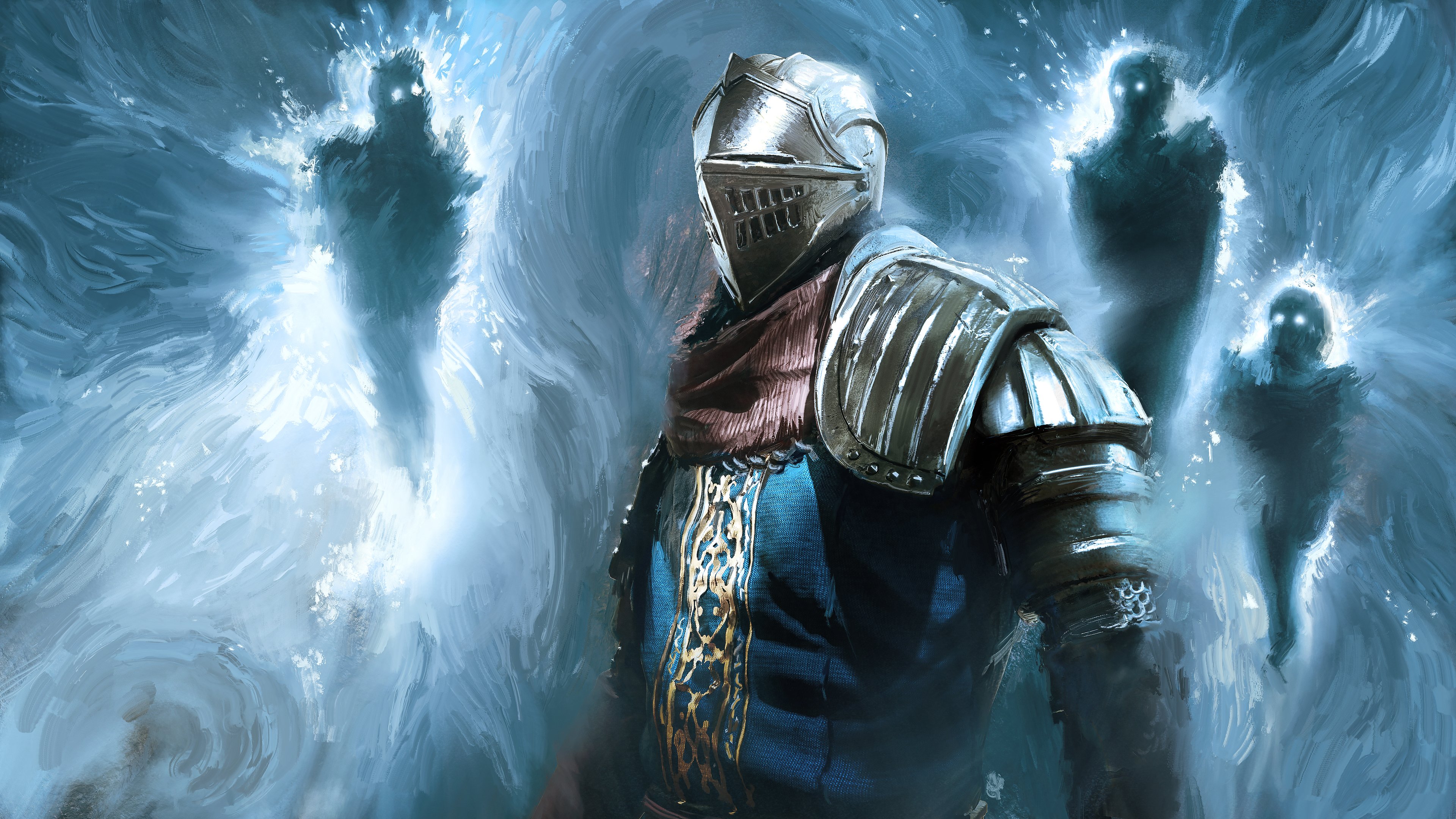 a knight in ornate, silver armor stands amidst a swirl of ghostly figures. the knight is clad in blue and gold, with a  helmet obscuring their face.  the ghosts are rendered in shades of pale blue and white, their forms swirling and ethereal. the background is a dark, misty blue, creating a sense of otherworldly atmosphere.