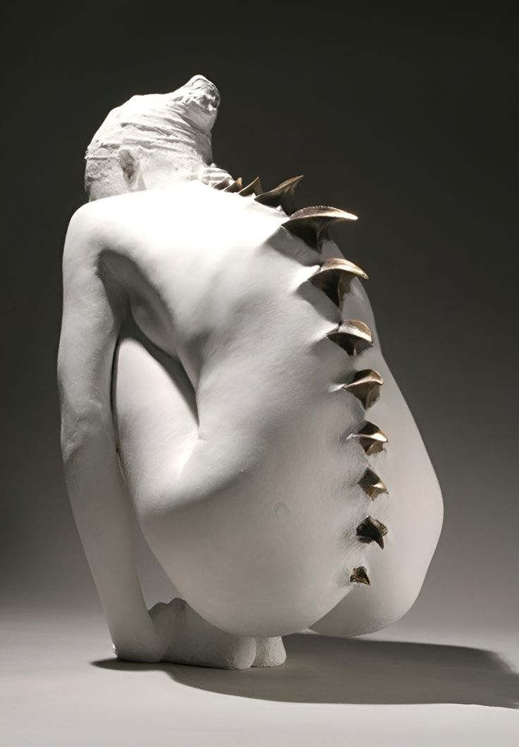 a white sculpture of a crouching woman with her back turned.  the figure's head is tilted down and partially covered.  a line of gold spikes protrudes from her spine. the sculpture is set against a dark gray background with soft studio lighting.