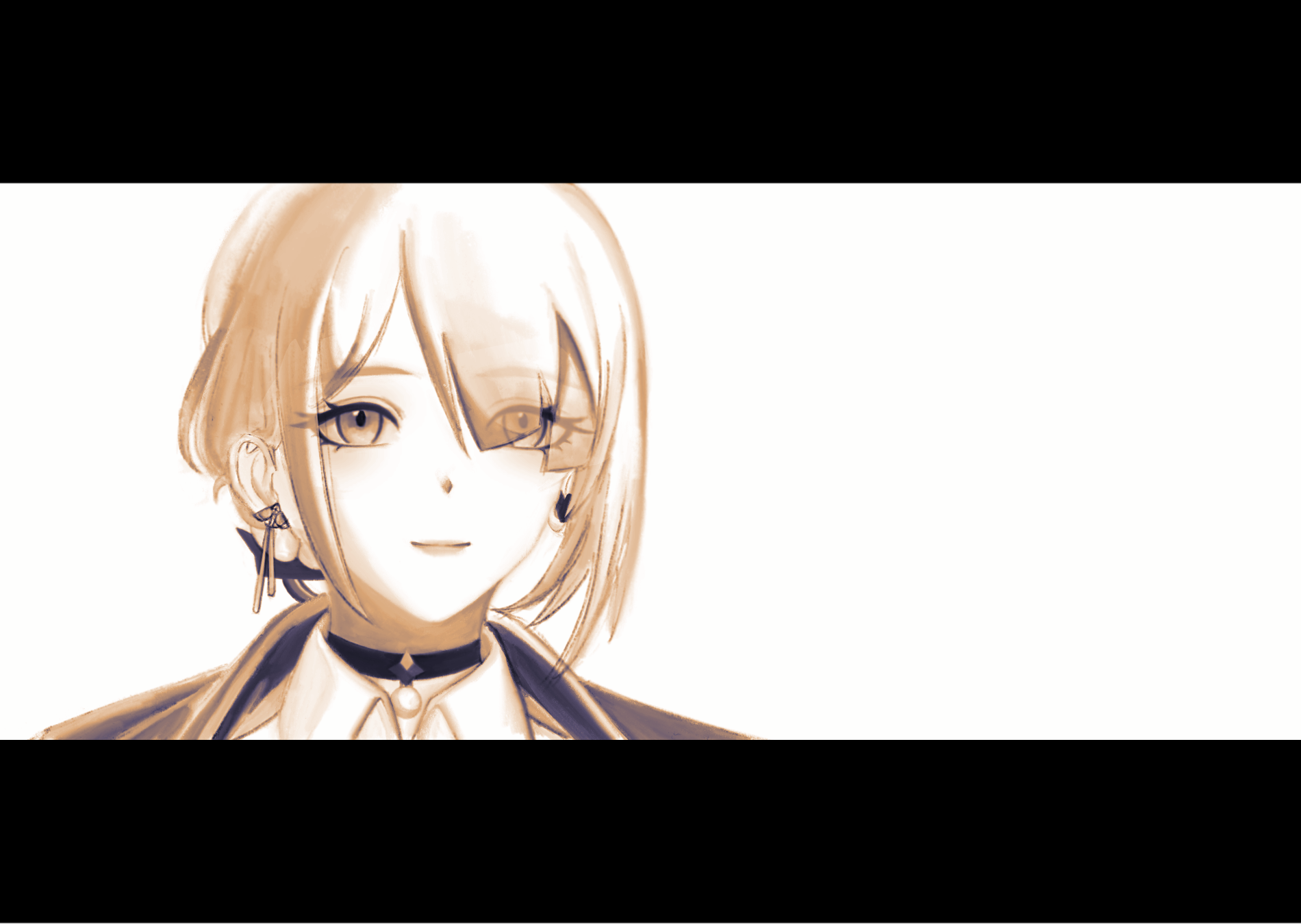 loseup portrait of a stylized anime girl with blonde hair and bangs. she's wearing a dark suit jacket over a white shirt and a choker necklace. she has on elegant earrings and a subtle smile. the art style is reminiscent of a digital painting with a sepia tone, creating a soft, almost dreamlike effect. the background is a simple white, directing focus to the girl.  the overall impression is one of quiet elegance and perhaps a hint of mystery.