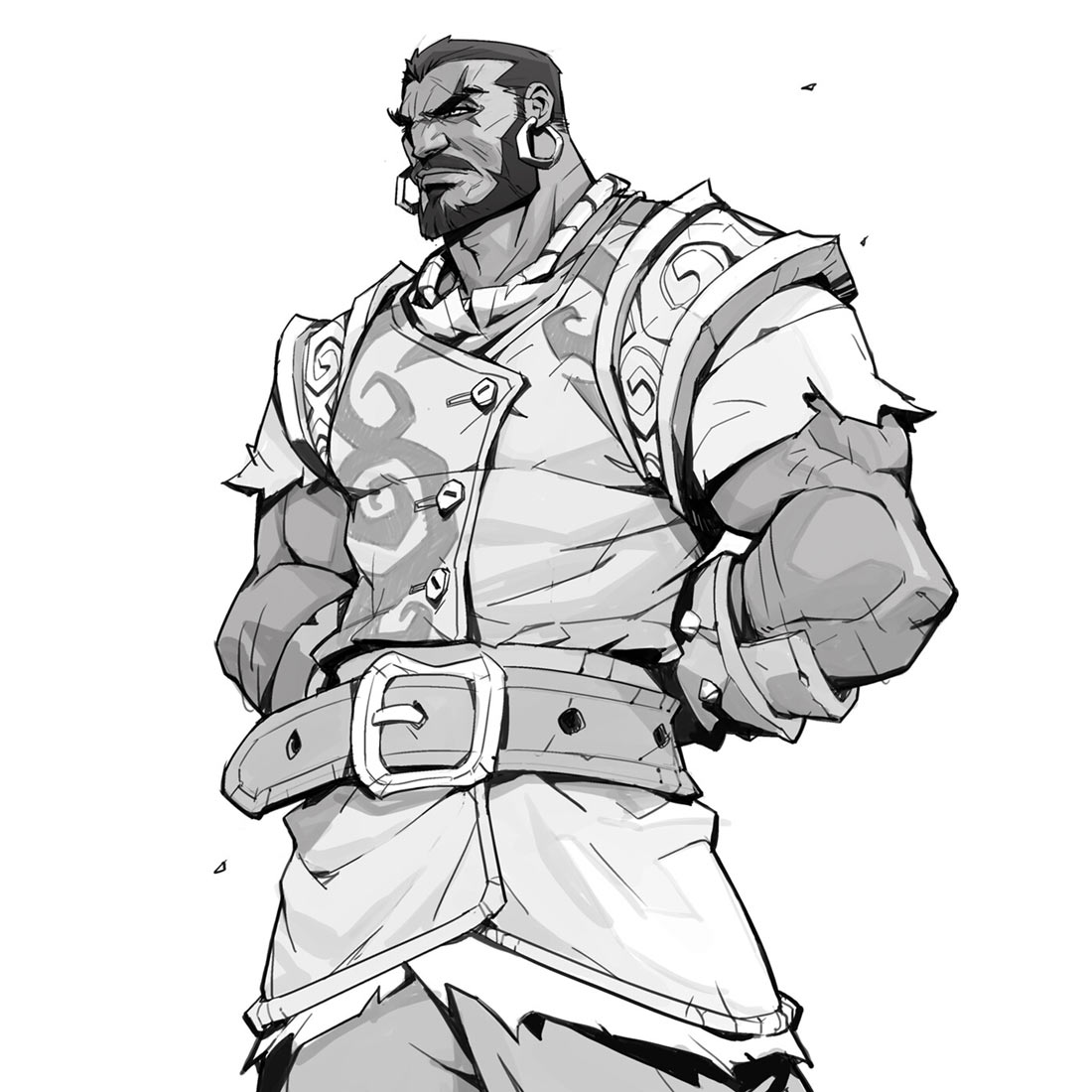 this is a sketch of a man dressed as a warrior. he is wearing armor with decorative designs.  he has a serious expression on his face as if he is ready for battle. the image is in black and white with a rough, sketched style.