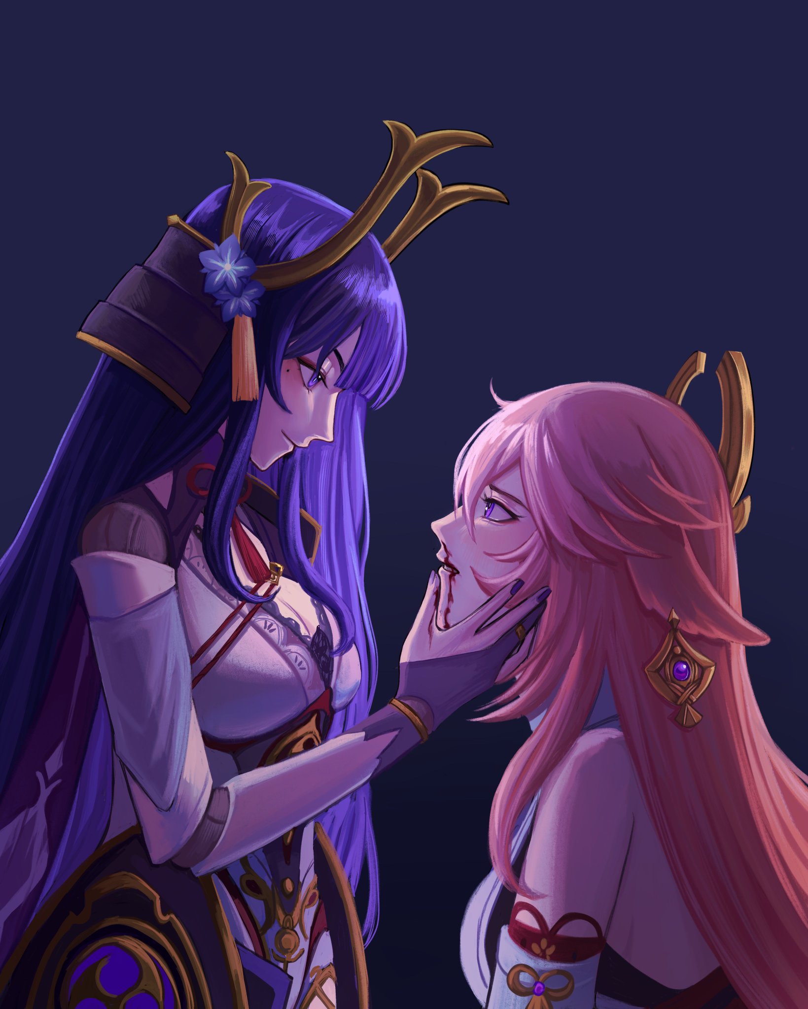 an illustration of two anime women, with long, flowing hair. one has blue hair with purple highlights and is wearing a white kimono with gold trim. the other has pink hair with purple highlights and is wearing a white kimono with gold trim. they are both looking at each other, and the woman with blue hair is holding her hand to the woman with pink hair's face. the background is a dark blue color.