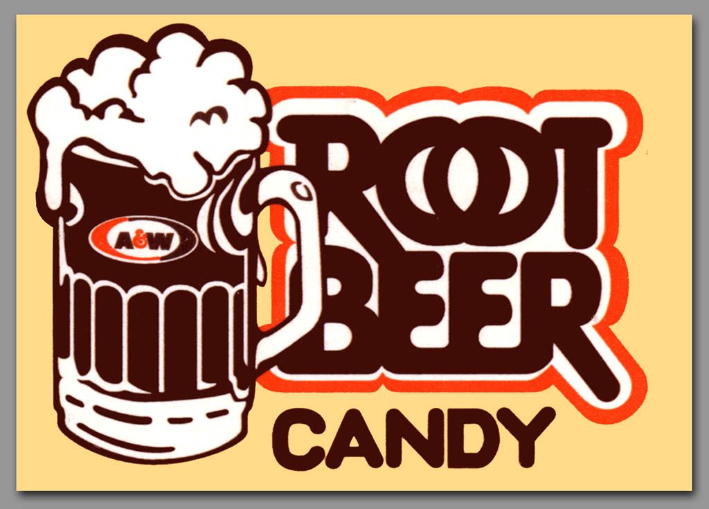 a vintage logo for a&w root beer candy. the logo features a stylized mug of root beer with foam, surrounded by the words "root beer" in a retro font. the words "candy" appear beneath the mug. the colors used are brown, red, and white.
