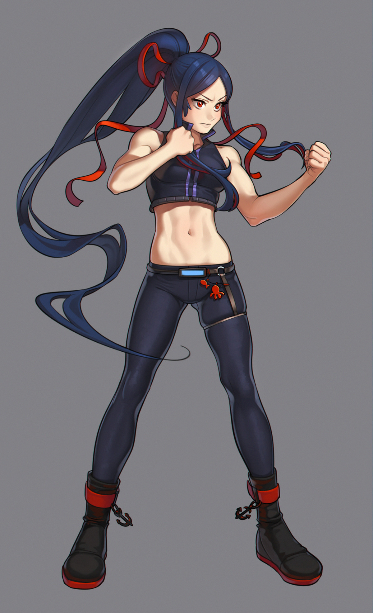 the image showcases a fierce female character, seemingly a fighter or warrior, standing against a neutral gray background. she is depicted in a dynamic action pose, fists clenched, ready for combat. her attire, a combination of black and gray, emphasizes her athletic physique. her long, black hair, adorned with red ribbons, flows dramatically around her, enhancing the sense of motion and power. the character's determined expression and muscular build suggest agility and strength. the overall aesthetic, from the detailed line work to the vibrant color palette, implies a connection to the world of video games or anime.