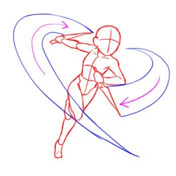 this is a line art drawing of an anime character in an action pose, as they swing a sword. the drawing shows the character's body and the sword in motion. the drawing is done in red, blue, and purple.