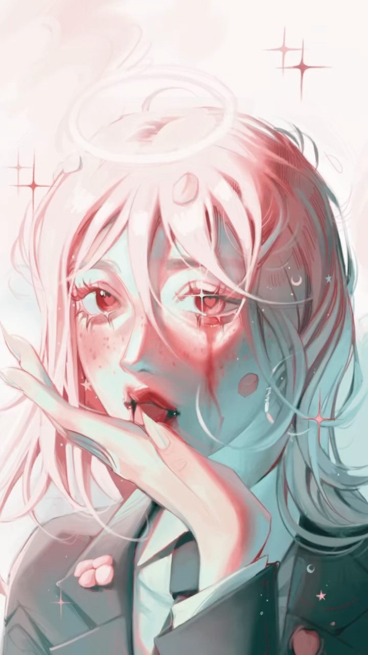 the image is a digital painting of a young animestyle woman with long, light pink hair and red eyes. she has a halo above her head and a streak of what appears to be blood or tears running down her cheek. she is wearing a dark suit and has her hand gently touching her face. the overall style is soft, dreamy, and ethereal, with pastel colors and a magical atmosphere. the artwork is highly detailed and expressive, capturing a mood of delicate beauty and subtle melancholy.  the background is a soft, hazy white with hints of pink.  small sparkles are scattered throughout the image adding to its otherworldly feel.