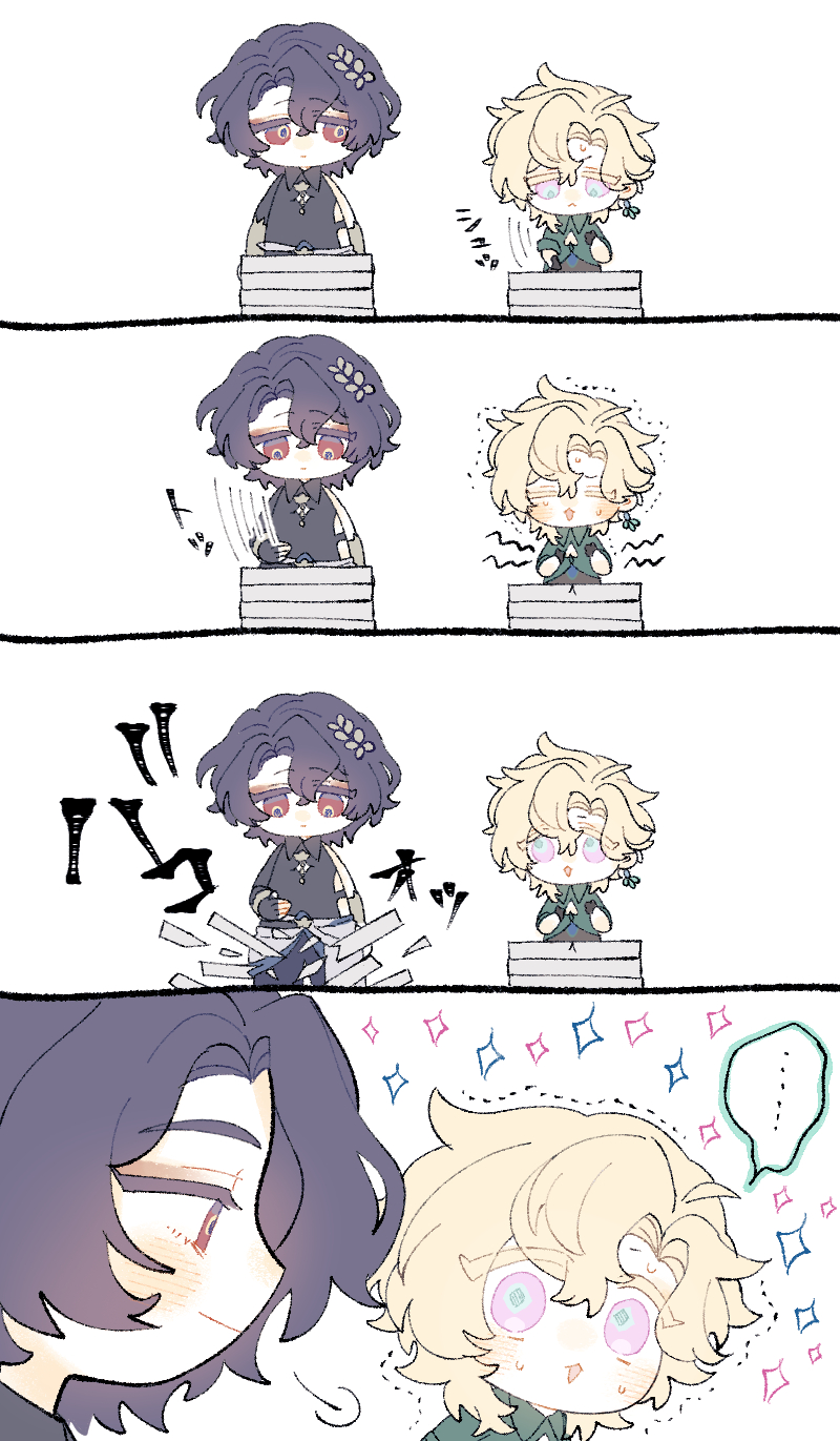 he image is a fourpanel comic strip featuring two chibistyle anime boys. the first panel shows the purplehaired boy carefully stacking boxes, while the blonde boy watches. the second panel shows the purplehaired boy stacking more boxes, while the blonde boy looks on with growing concern. the third panel depicts the purplehaired boy accidentally knocking over the boxes, causing them to fall, while the blonde boy reacts with surprise. the final panel shows the purplehaired boy looking slightly embarrassed, while the blonde boy expresses excitement, perhaps because of the fallen boxes. the style is lighthearted and humorous, with exaggerated expressions and cute character designs. the art is simple yet expressive, using soft colors and clean lines.