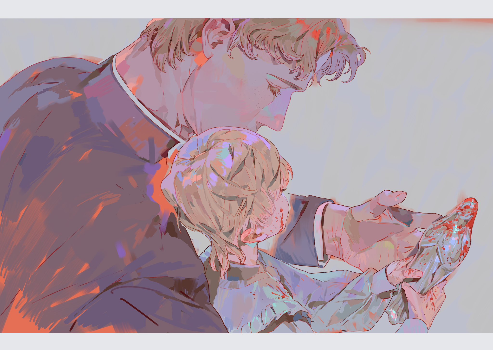 an illustration shows a tall man, presumably older, holding a younger boy. the boy is holding a dead bird, covered in blood. there appears to be blood on the boy as well. the man is either protecting or comforting the boy.