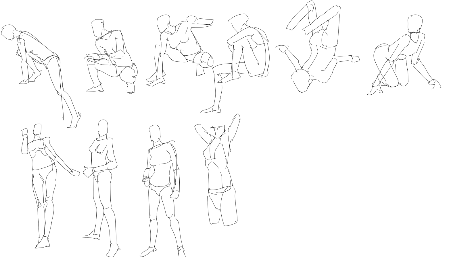 the image contains a collection of quick sketches of human figures in various poses.  the style is minimalist, utilizing single lines to define the forms and movement of the bodies. the sketches appear to be gesture drawings, capturing the essence of the pose rather than focusing on precise anatomical detail.  they are diverse in their poses, ranging from seated to active and dynamic stances, suggesting a study of human movement and form. the lack of facial features and detail further emphasizes the focus on the body's overall posture and expression.