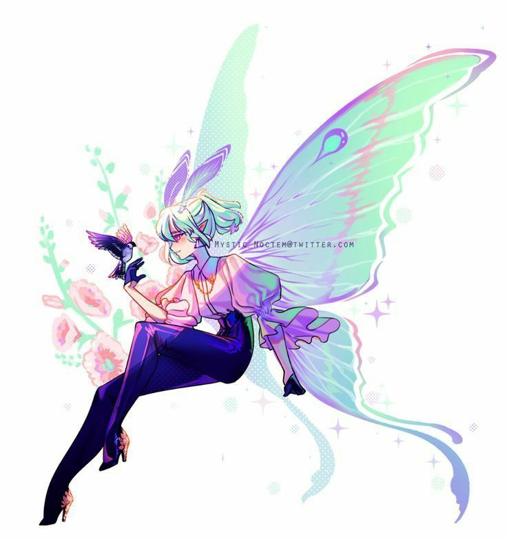 an illustration of a fairylike creature with iridescent wings and bunny ears sitting with a bird perched on their gloved hand. the fairy has pale skin, short light green hair, and is wearing a pink top and dark purple leggings with heels. the background features pink flowers and light green foliage. the overall style is digital art with a soft, pastel color palette and sparkling effects.