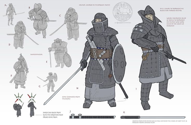 the image is a detailed concept art sheet for a character, likely for a video game or similar project. it showcases various views and design explorations of a heavily armored fantasy warrior. the character's armor is meticulously designed, featuring a mushroom motif and a mourning band of skulls.  several sketches show the character from different angles and demonstrate the armor's construction, including closeups of details such as the shield and sword. additional smaller sketches show other characters (possibly other types of soldiers or villagers) in similar but less detailed armor, highlighting potential variations.  notes on the design choices are provided, explaining the reasoning behind the color palette, and the symbolic meaning behind the armor's details. the bottom of the image includes additional details about the weapon and a production watermark.