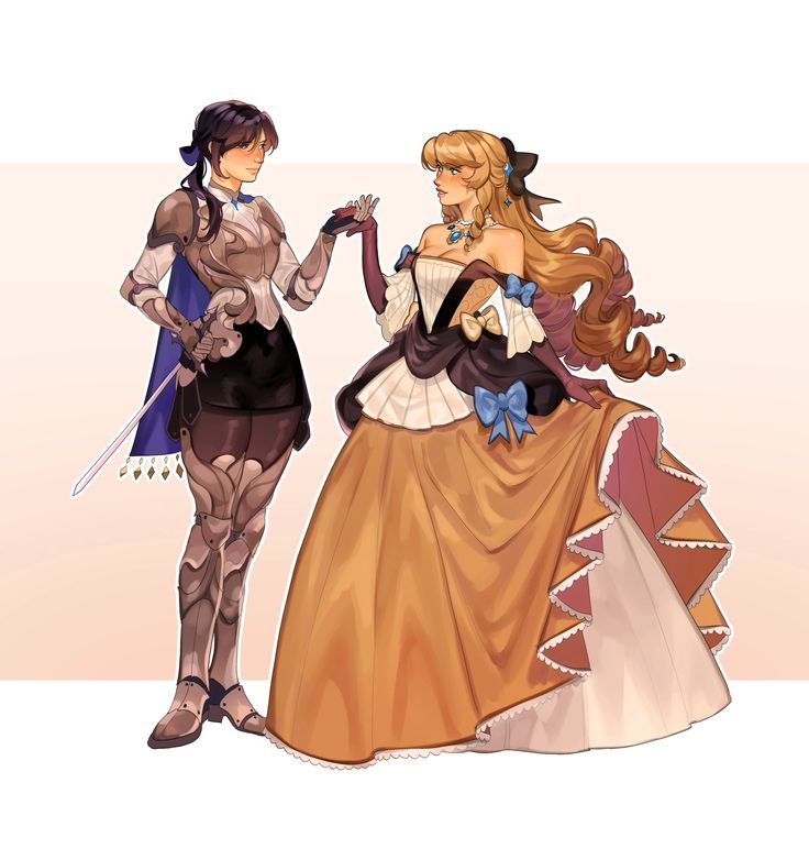 he artwork showcases two female characters, side by side. one is a knight in shining armor, holding a sword, while the other is a princess or noblewoman in a magnificent, flowing gown. the knight has short dark hair and wears plate armor with a dark cloak draped over her shoulders. the noblewoman has long blonde hair styled in curls and a sophisticated, wide gown in earth tones with layers and lace detail and matching accessories. the scene is set against a light, pastel background, creating a sense of gentle contrast. the two women stand close together, their poses suggesting a relationship of either friendship or companionship. the style is reminiscent of anime or manga artwork, with clear lines, soft shading and a focus on the characters' elegance and personality.
