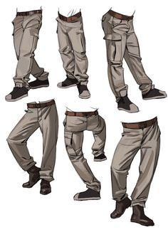the image is a drawing tutorial showcasing various ways to draw men's legs and pants in different poses. it emphasizes how fabric folds and drapes with movement. the drawings are done in a stylized, semirealistic comic book style.