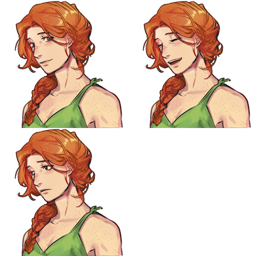 the image shows a sprite sheet or a series of portraits of a young woman with bright orange, curly hair styled in a loose braid.  she has freckles and is wearing a green sleeveless sundress. the images depict her with three different expressions: a neutral expression, a slight smile, and a slightly sad or thoughtful expression. each portrait is presented from the same angle, showing her from the chest up with a slightly angled body. the background is black. the artwork style is digital painting, resembling a character design for a video game or animation.