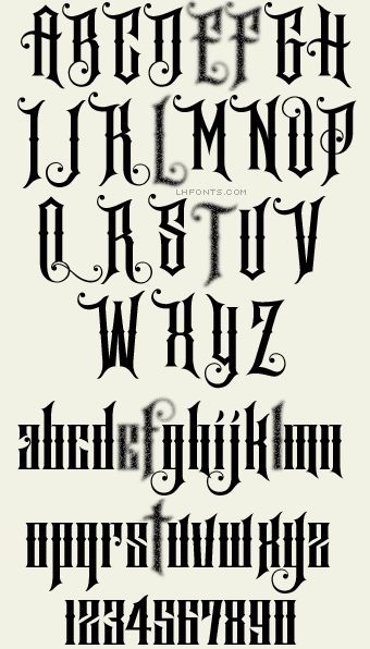 the image is a representation of a gothic blackletter font. it displays all the uppercase and lowercase letters of the alphabet as well as the numerals 0 through 9. the letters are stylized in a dramatic, ornate blackletter style. the font has a medieval or gothic feel.