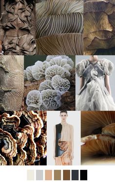 this image shows a collection of fabric textures, colors, and swatches, creating a mood board for fashion design. the image is broken down into nine different sections. the sections on the top show close up images of fabric textures that are mostly beige, brown, and white. the middle section shows a variety of mushroom textures, with some being white and some being brown. the bottom left corner shows another type of mushroom texture, this one in shades of brown. the bottom right corner shows a brown mushroom texture. the image is then completed with a set of color swatches, which are in various shades of beige, brown, grey, and black.