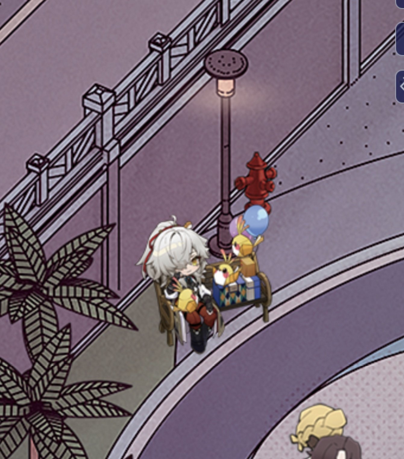this is a cartoon image of an anime girl, she has white hair and green eyes, she is wearing a purple dress and red shoes, she is sitting on a bench with a yellow bird and a pink bird, there is a blue balloon next to her, a gift box beside her, a lamp post in the background, a railing and a street with purple and gray colors.