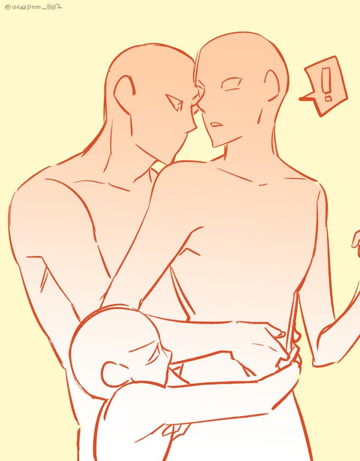 this is a lineart drawing of three characters. the two on the left side are a couple who are hugging each other. the guy is leaning in to kiss the girl. they both seem happy and relaxed. the guy on the right is looking at them with a surprised and shocked expression. he is standing with his hand on his hip. all three characters are standing. they are all facing the viewer, and the background is a pale yellow color.