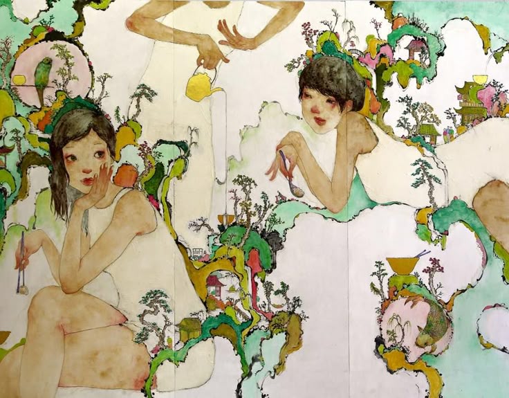 the image is a watercolor painting featuring three women in a surreal, dreamlike landscape. the women are depicted in a delicate, asianinspired style. they are surrounded by whimsical elements like stylized trees, small buildings, and flowing, cloudlike formations. one woman is seated and holding chopsticks, while another is reclining with a spoon. a third woman is standing and pouring tea from a yellow teapot. the overall effect is ethereal and imaginative.