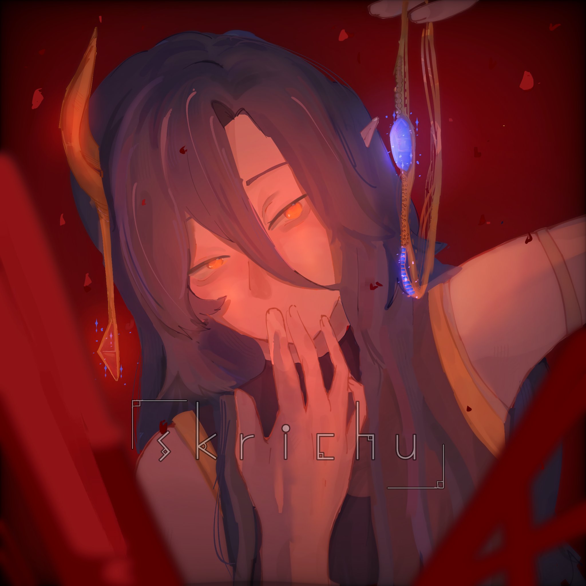 this is a digital illustration of an anime character. the girl is illustrated with purple hair, a golden horn, gold jewelry on her neck, and red eyes. the background is red with small white dots, and the image has a red glow. she has her hand over her mouth as if smiling.