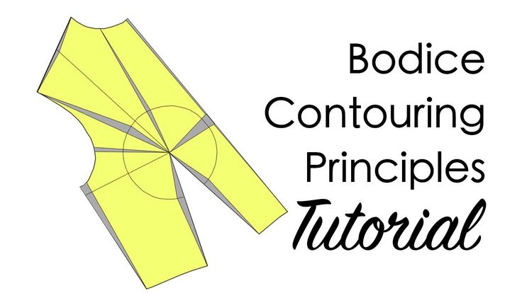 the image shows a yellow bodice sewing pattern with grey shading and the title "bodice contouring principles tutorial" in bold black lettering. the pattern is overlaid with lines and circles, indicating dart manipulation or pattern alterations. the image suggests a guide or instruction on how to contour a bodice pattern for sewing.