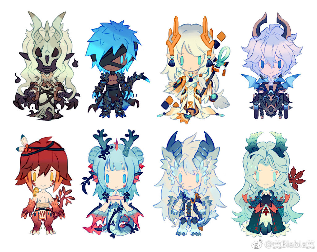 the image features eight chibistyle characters, likely inspired by anime or manga, set against a clean white backdrop. each character boasts a unique design, incorporating fantastical elements like horns, wings, and intricate clothing. from skeletal figures and fiery beings to elegant dragonlike creatures and those with flowing hair and ethereal garments, the artwork showcases a diverse cast. their large eyes and small bodies contribute to their adorable and whimsical appeal. the color palette is vibrant and varied, enhancing the magical and lively atmosphere of the illustration.