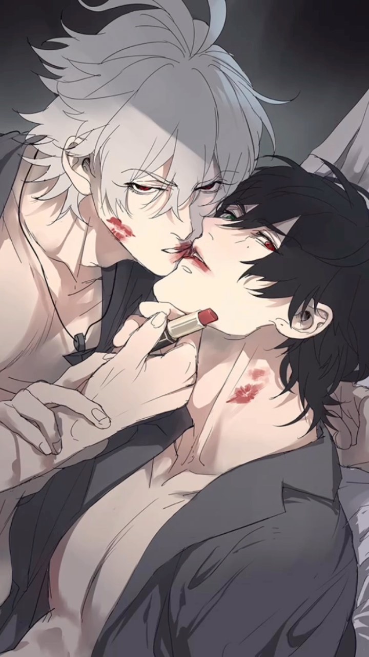 the image is a digital drawing in an anime/manga style depicting a romantic scene between two young men.  one has white hair and is applying red lipstick to the other, who has black hair. both are intimately close, with their faces touching, and have lipstick marks on their necks and faces. the style is suggestive of a yaoi (boys' love) romance. the overall mood is intimate and passionate. the artwork is highly detailed and focuses on the characters' expressions and body language. the background is dark and muted, drawing attention to the figures in the foreground.